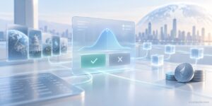 Crypto prediction market interface with outcome choices, probability chart, connected event panels, and digital asset tokens.