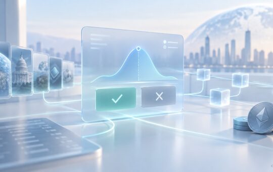 Crypto prediction market interface with outcome choices, probability chart, connected event panels, and digital asset tokens.