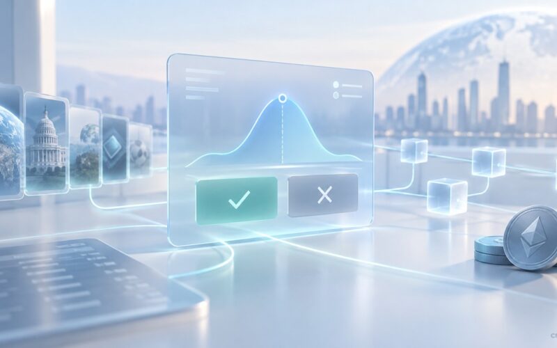Crypto prediction market interface with outcome choices, probability chart, connected event panels, and digital asset tokens.