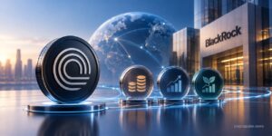 Ondo Finance portfolio tokens with BlackRock strategies, blockchain network, and global finance imagery
