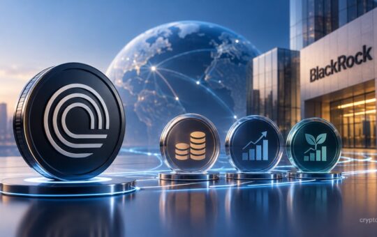 Ondo Finance portfolio tokens with BlackRock strategies, blockchain network, and global finance imagery