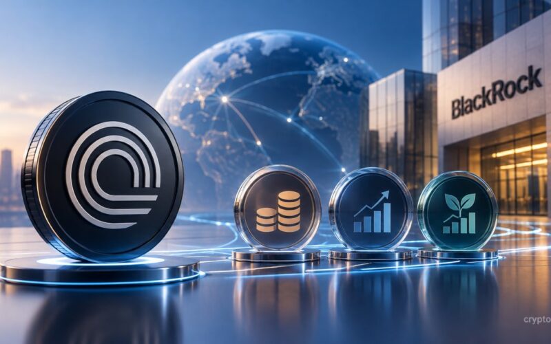 Ondo Finance portfolio tokens with BlackRock strategies, blockchain network, and global finance imagery