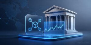 Tokenized UK stocks represented by blockchain technology, a stock chart and traditional financial market infrastructure.