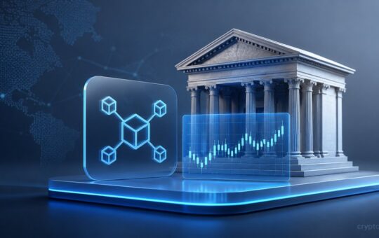 Tokenized UK stocks represented by blockchain technology, a stock chart and traditional financial market infrastructure.