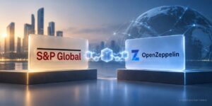 S&P Global and OpenZeppelin connected by blockchain infrastructure, representing smart contract security and onchain risk.