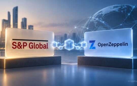 S&P Global and OpenZeppelin connected by blockchain infrastructure, representing smart contract security and onchain risk.