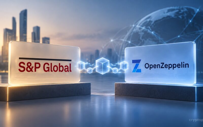 S&P Global and OpenZeppelin connected by blockchain infrastructure, representing smart contract security and onchain risk.