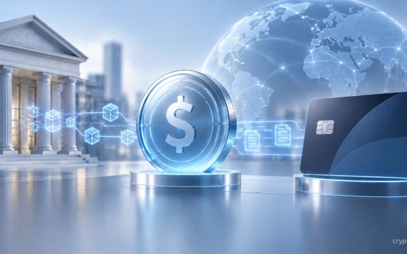 Bank-issued stablecoin connecting traditional banking with card settlement across a global payments network.