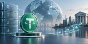 USDT coin connecting global fintech lending and private credit markets through digital financial infrastructure.