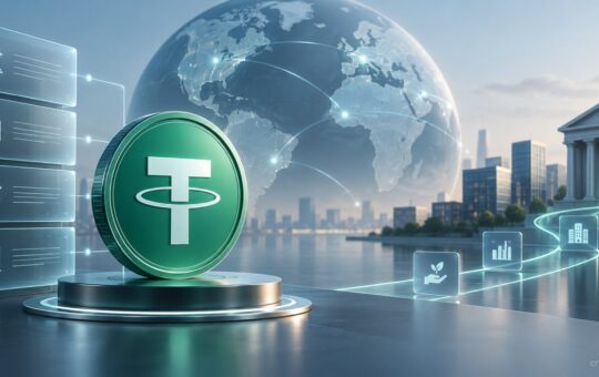 USDT coin connecting global fintech lending and private credit markets through digital financial infrastructure.