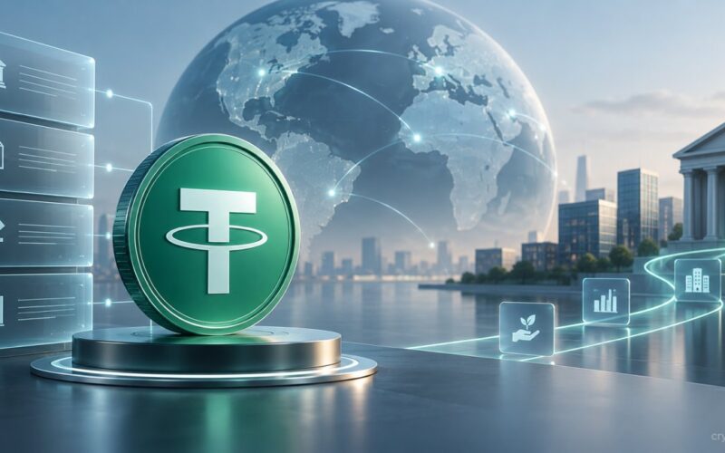 USDT coin connecting global fintech lending and private credit markets through digital financial infrastructure.