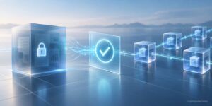 Zero-knowledge proof concept showing encrypted data verified through a connected blockchain network without revealing the underlying information.