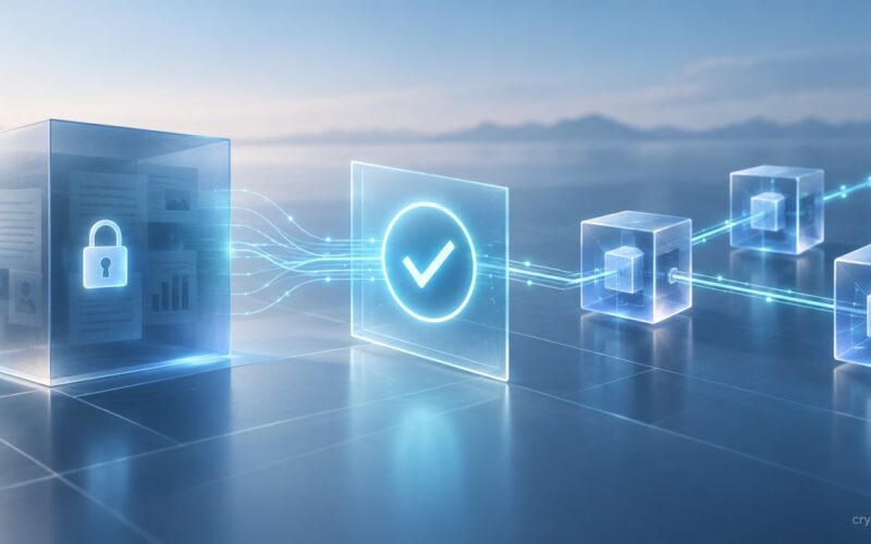 Zero-knowledge proof concept showing encrypted data verified through a connected blockchain network without revealing the underlying information.