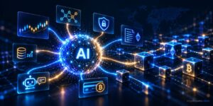 AI neural network connected to blockchain, crypto trading, smart contracts, security, and digital payments.