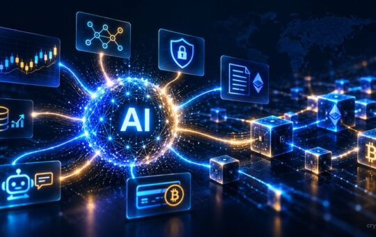 AI neural network connected to blockchain, crypto trading, smart contracts, security, and digital payments.