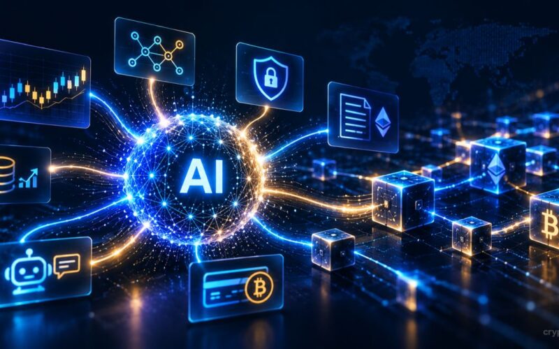 AI neural network connected to blockchain, crypto trading, smart contracts, security, and digital payments.