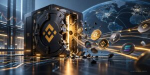 Binance crypto exchange vault breached, with Bitcoin and other cryptocurrencies flowing through a global blockchain network.