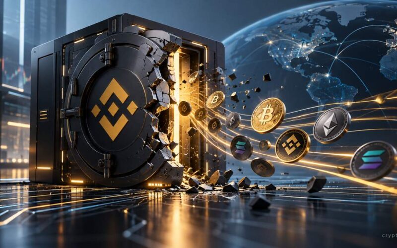 Binance crypto exchange vault breached, with Bitcoin and other cryptocurrencies flowing through a global blockchain network.
