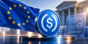 USDC stablecoin coin with EU flag and regulatory compliance document representing MiCA oversight in Europe