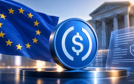 USDC stablecoin coin with EU flag and regulatory compliance document representing MiCA oversight in Europe