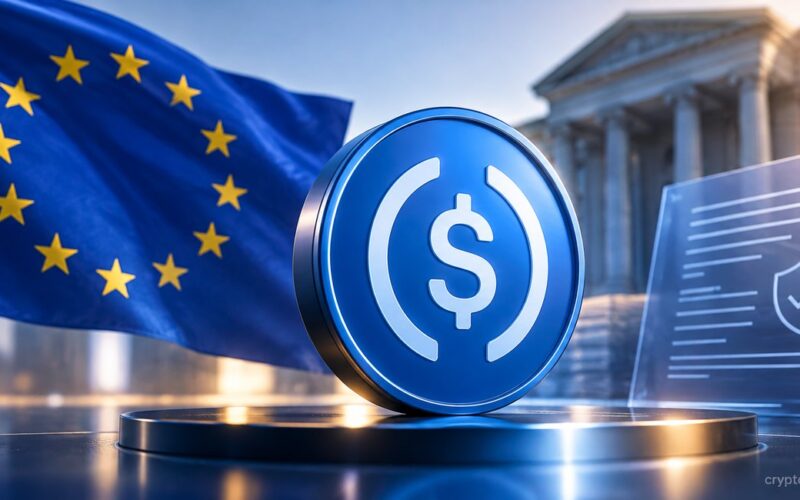 USDC stablecoin coin with EU flag and regulatory compliance document representing MiCA oversight in Europe
