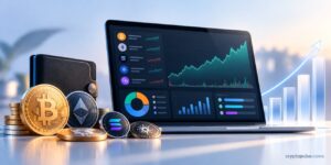 Crypto portfolio dashboard with Bitcoin and altcoin coins, performance charts, asset allocation, and rising value graph.