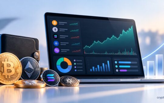 Crypto portfolio dashboard with Bitcoin and altcoin coins, performance charts, asset allocation, and rising value graph.