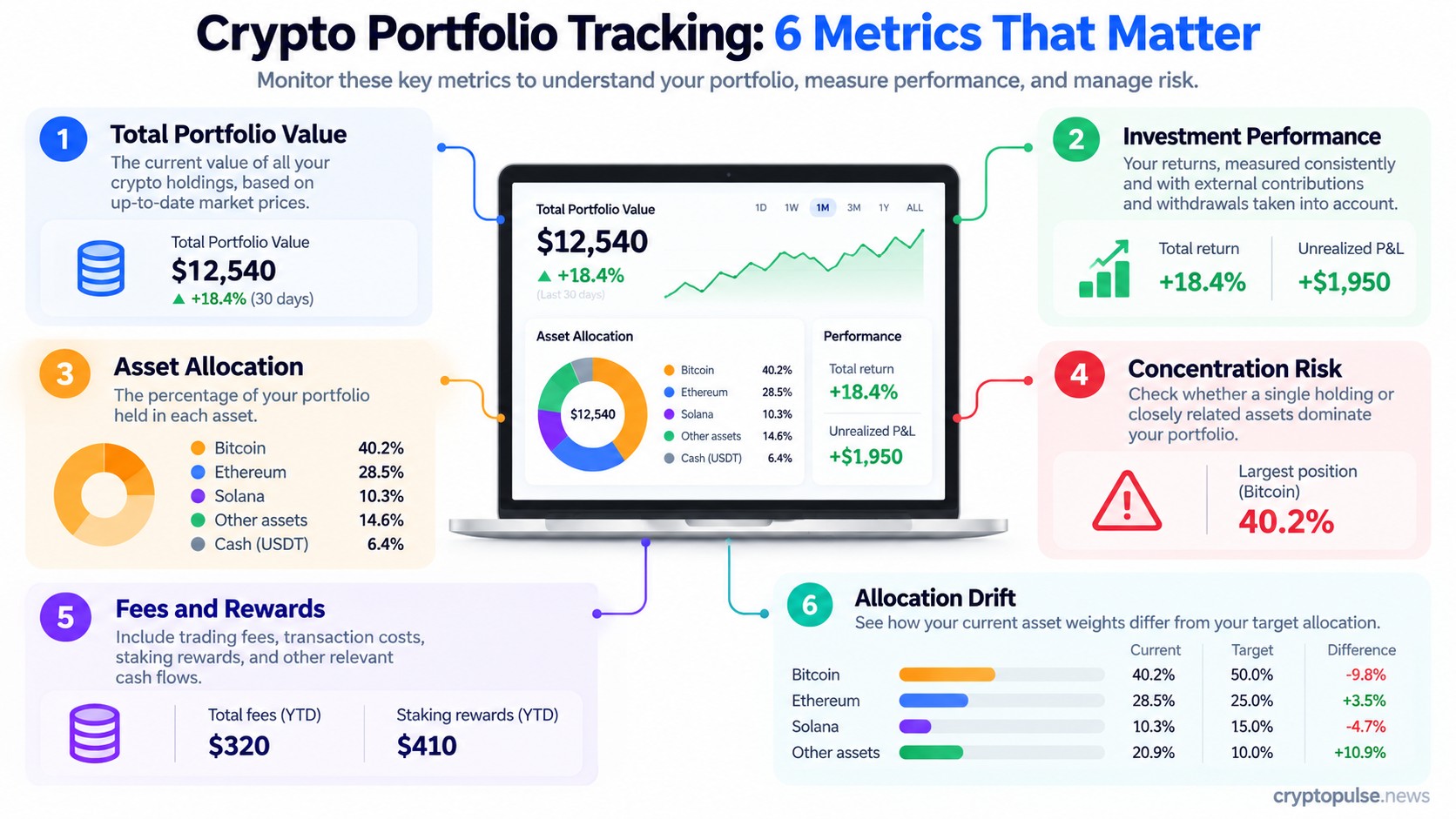 Crypto portfolio infographic showing value, returns, asset allocation, concentration risk, fees, rewards, and allocation drift.