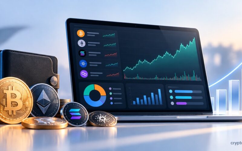Crypto portfolio dashboard with Bitcoin and altcoin coins, performance charts, asset allocation, and rising value graph.