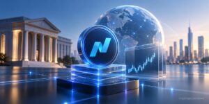 Futuristic Nasdaq-inspired token on a digital platform with financial charts, a global network, and a traditional bank building.