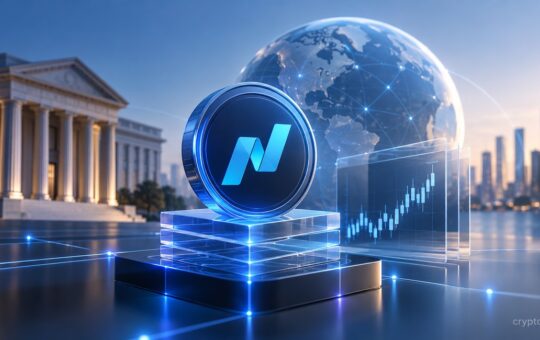 Futuristic Nasdaq-inspired token on a digital platform with financial charts, a global network, and a traditional bank building.