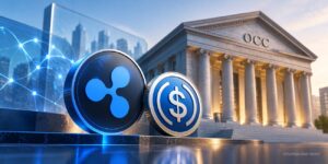 Ripple XRP and RLUSD coins in front of an OCC building, representing federal approval of Ripple's national trust bank.