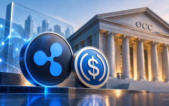 Ripple XRP and RLUSD coins in front of an OCC building, representing federal approval of Ripple's national trust bank.