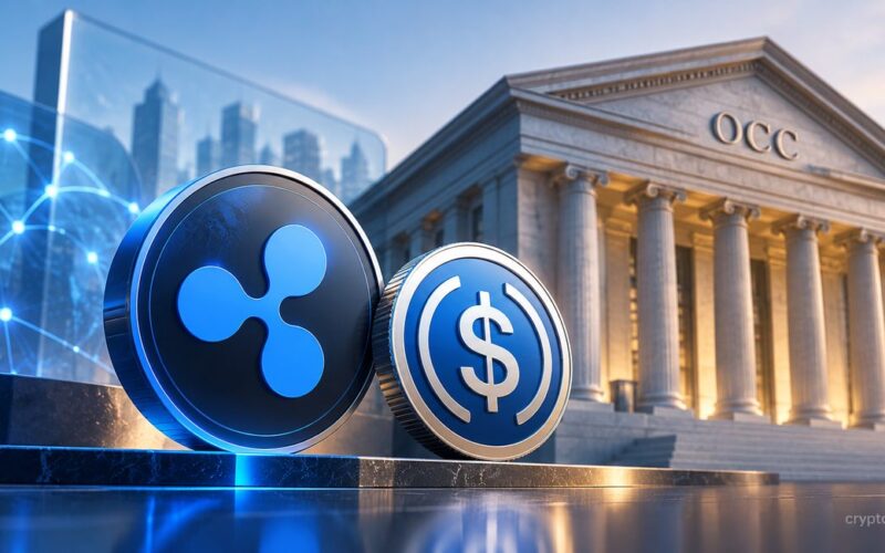 Ripple XRP and RLUSD coins in front of an OCC building, representing federal approval of Ripple's national trust bank.