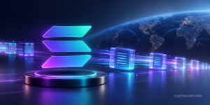 Solana Alpenglow upgrade with glowing Solana logo and fast blockchain transaction network.