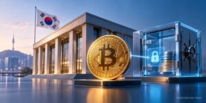 South Korean bank building, Bitcoin coin, and secure vault representing Bitcoin-backed loans.
