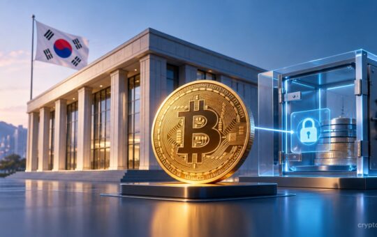 South Korean bank building, Bitcoin coin, and secure vault representing Bitcoin-backed loans.