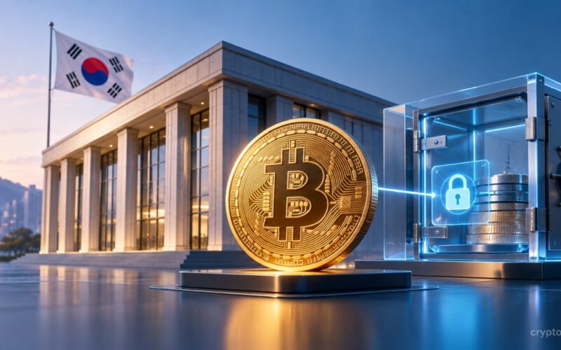 South Korean bank building, Bitcoin coin, and secure vault representing Bitcoin-backed loans.