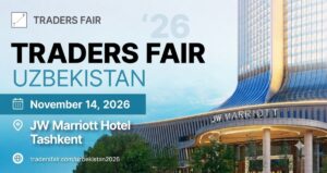 Traders Fair Uzbekistan 2026 event graphic featuring JW Marriott Hotel Tashkent and the November 14, 2026 date.
