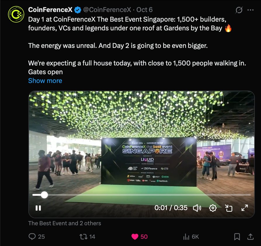 CoinFerenceX social media post showing the Singapore 2026 venue and announcing 1,500+ Day 1 attendees.